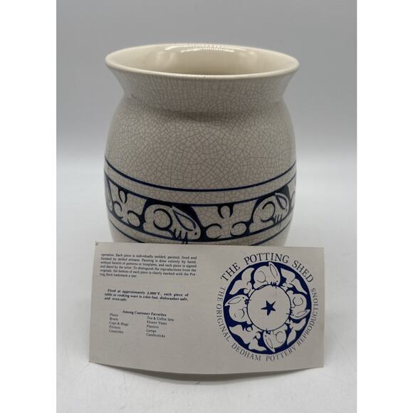 Vtg Dedham Pottery Potting Shed 7” Vase 1998 White Crackle Cobalt Blue Rabbits - Picture 6 of 6